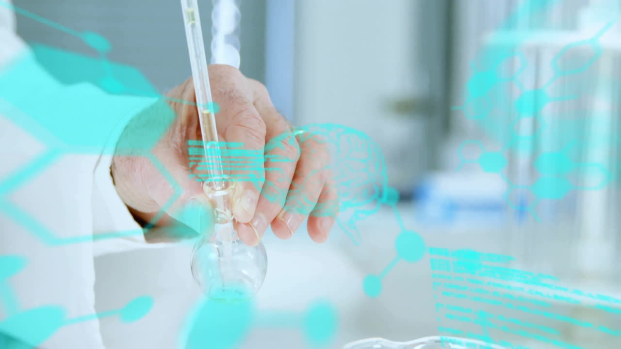 화학 공식 및 데이터 처리의 애니메이션 백인 남성 과학자가 실험을 수행합니다.