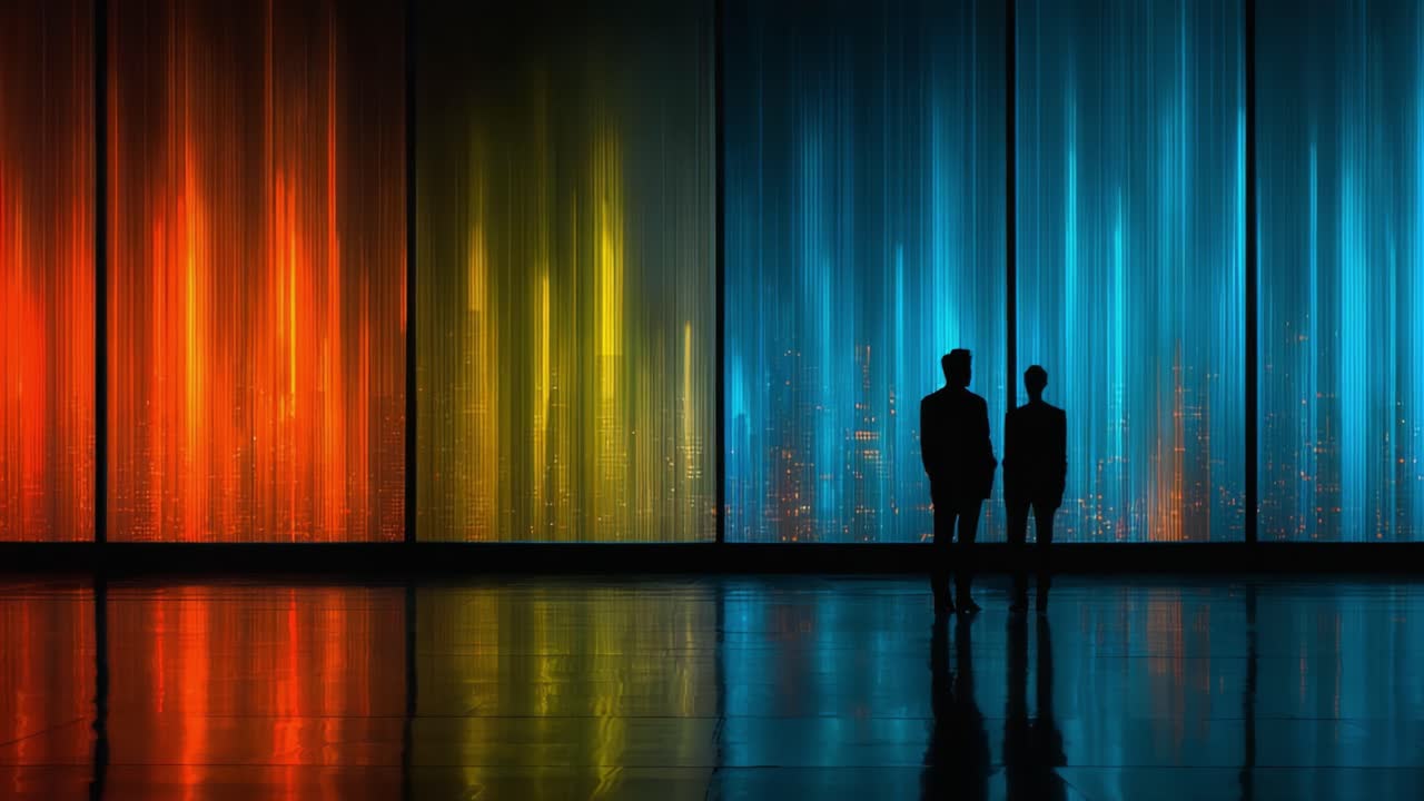 Silhouetted Figures Admiring a Colorful Urban Skyline through a Glass Facade, Captivated by the Dazzling Display of Lights and Urban Energy