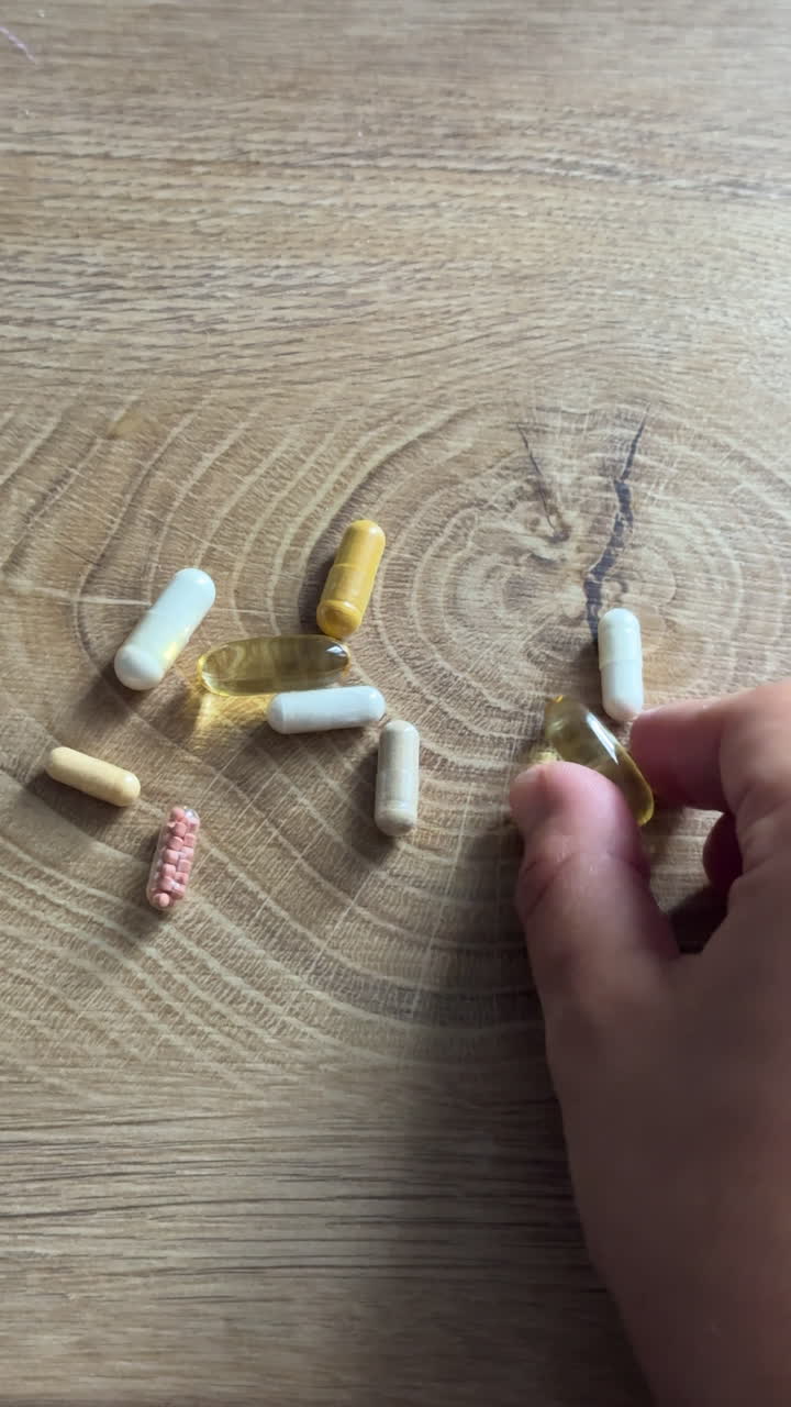 Mano che prende una capsula trasparente di olio di pesce da integratori alimentari su un tavolo di legno. Le capsule includono carnitina, Q10, olio di pesce omega-3, vitamina C, vitamina B e ashwagandha.