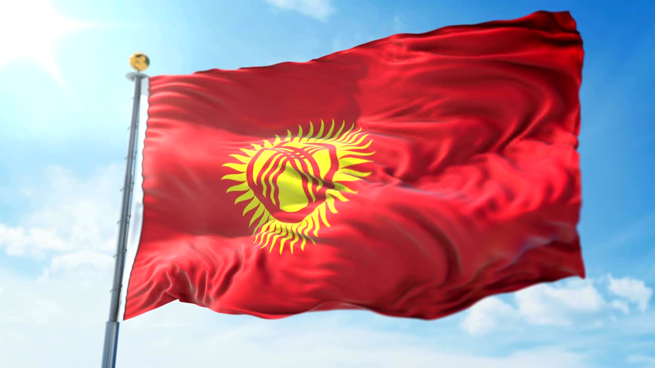 キルギス国旗はセームレスループ 3d レンダリングビデオで美しい維の布のループを振っています