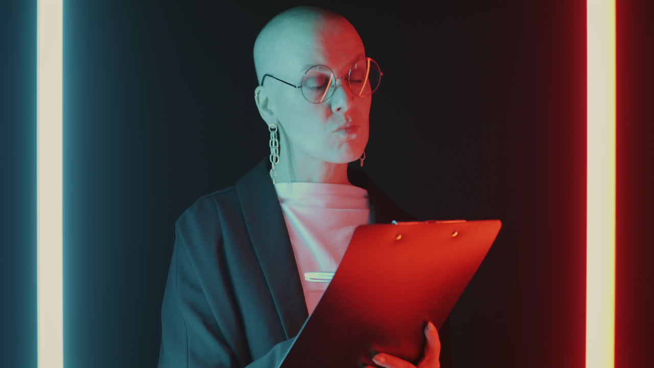 Woman Writing on Clipboard Under Neon Light