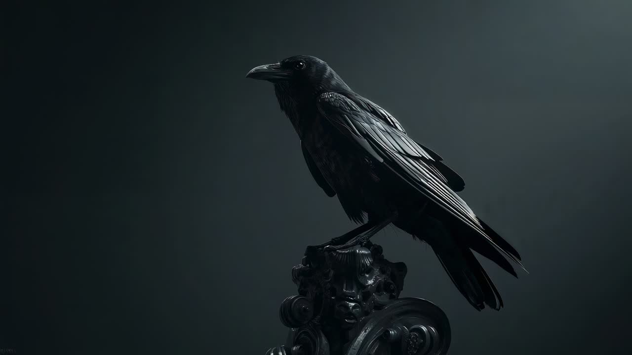 Timer starting black crow shifting, lowering head and bowing forward on carved pedestal in studio