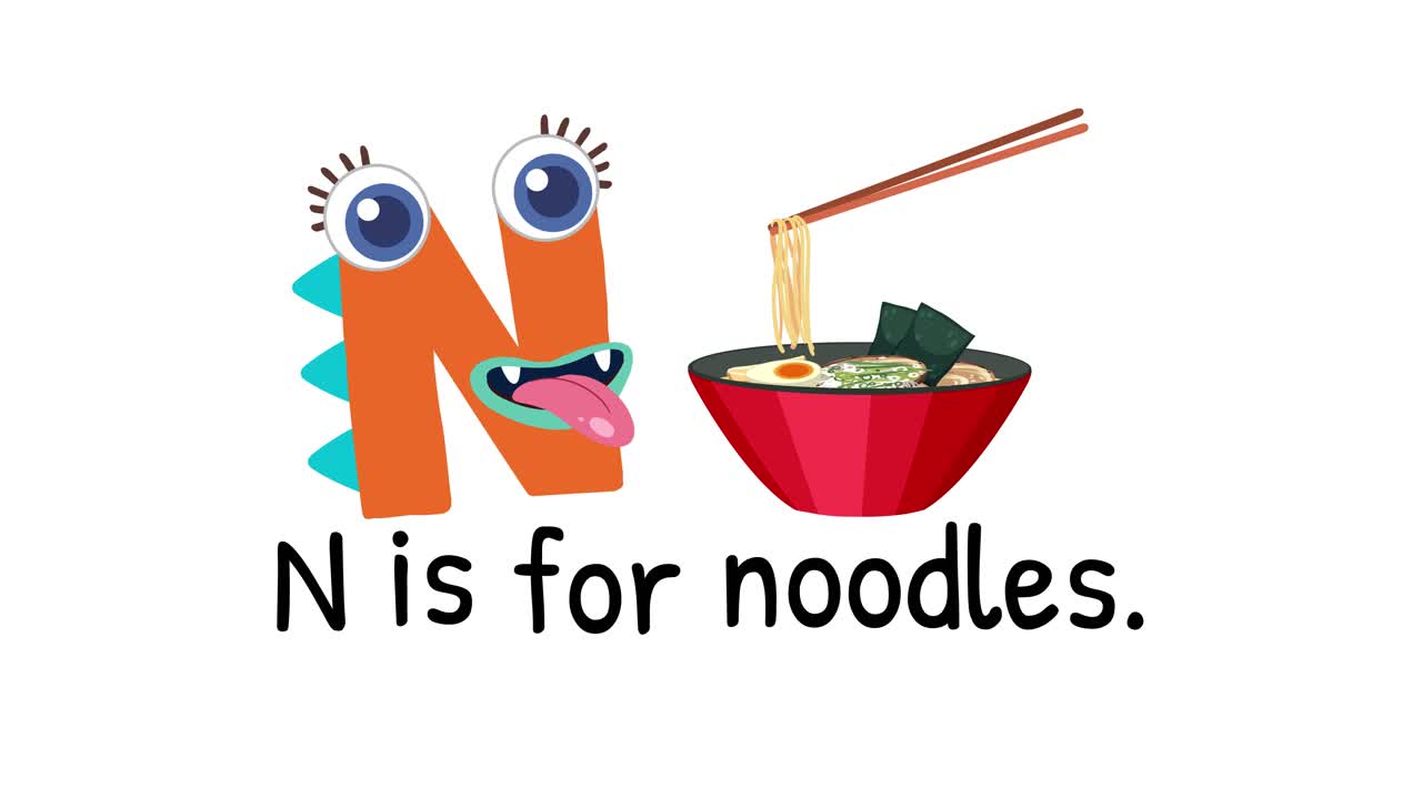 Playful animation of letter N transforming into a noodle-loving character with vibrant colors and whimsical style