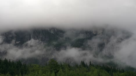 The-Chief,-Squamish,-British-Columbia,-Canada---An-Awe-inspiring-Sight-of-a-Mist-covered-Mountain---Static-Shot