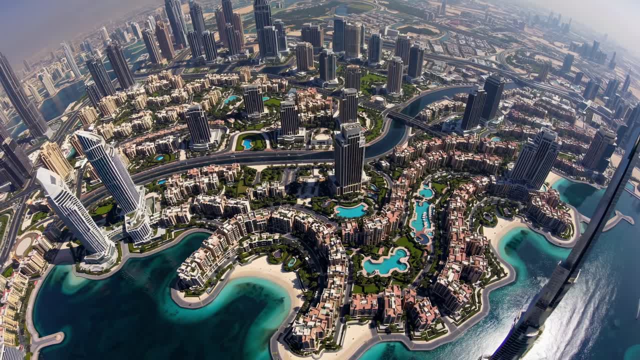 도시 풍경은 해안 메가시티를 공중 파노라마를 통해 드러니다. 건축적인 스카이 라인, 인공 섬, 화려한 칠색 물, 대도시 광활을 둘러싸고 있습니다.