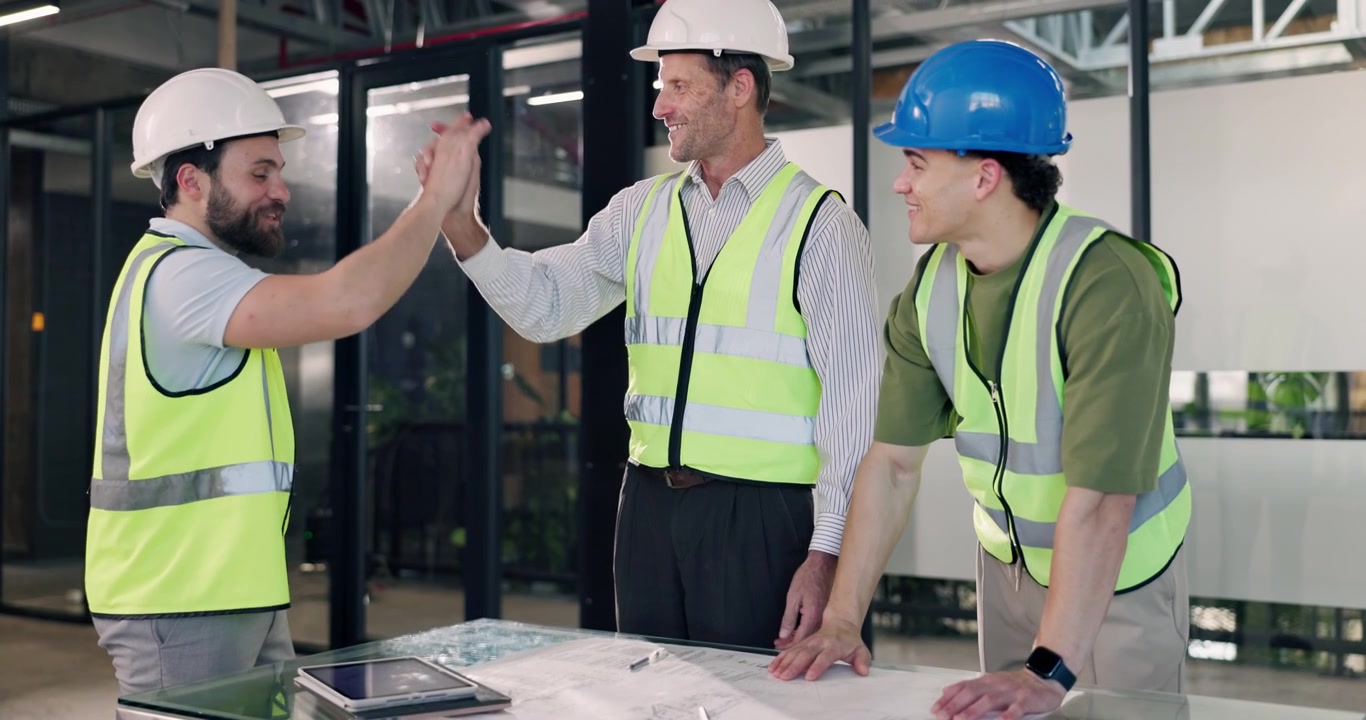 Construction Team Discussing Blueprints and High-Fiving in Office