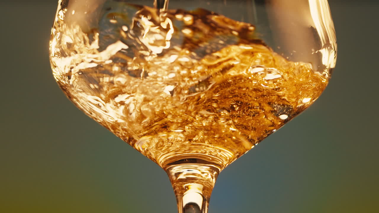 Primo piano di vino bianco che si versa in un calice da vino, creando un leggero schizzo con uno sfondo sfocato.