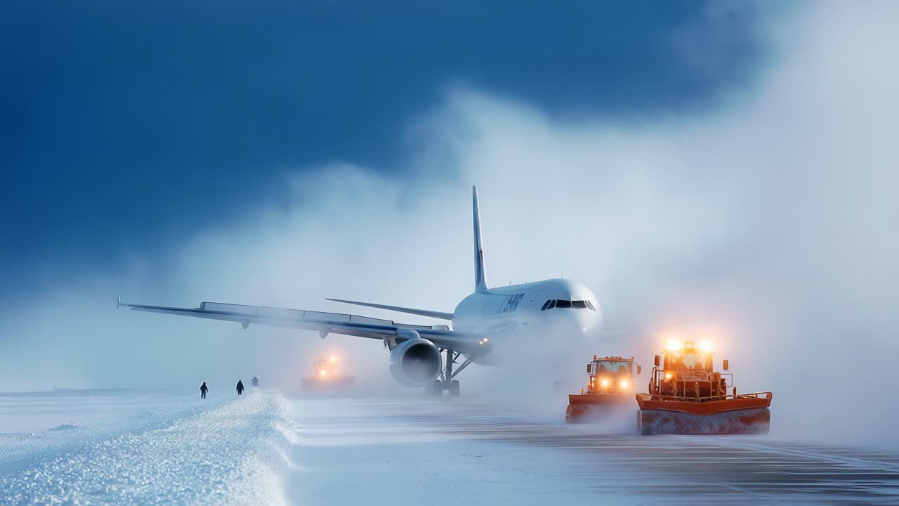 A snow-covered airport runway is being cleared by powerful snowplows as a large passenger aircraft remains idle amidst swirling winter storms and dense snow, highlighting the challenges of winter operations