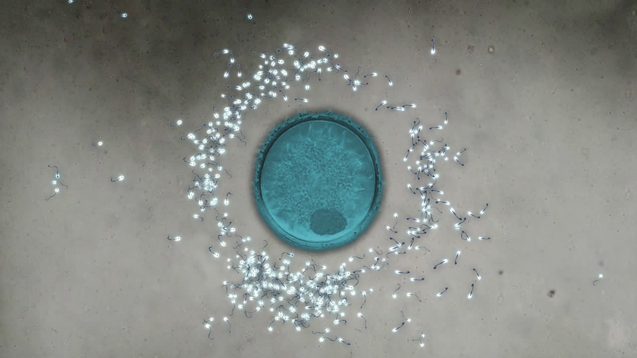 Animated simulation of microscope showing sperm fertilizing egg—at the end one succeeds