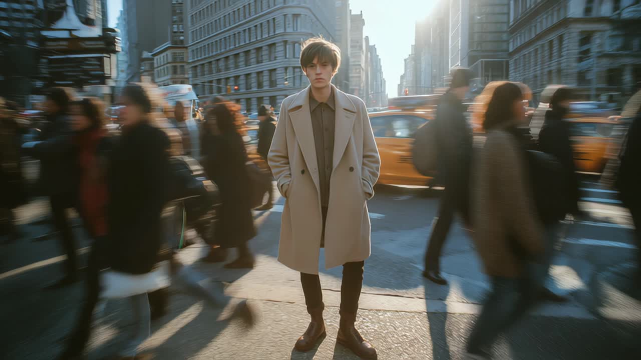 Man in beige trench coat by yellow taxi in city street