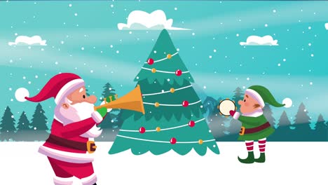feliz tarjeta de navidad con santa tocando la trompeta y el tamborín del elfo