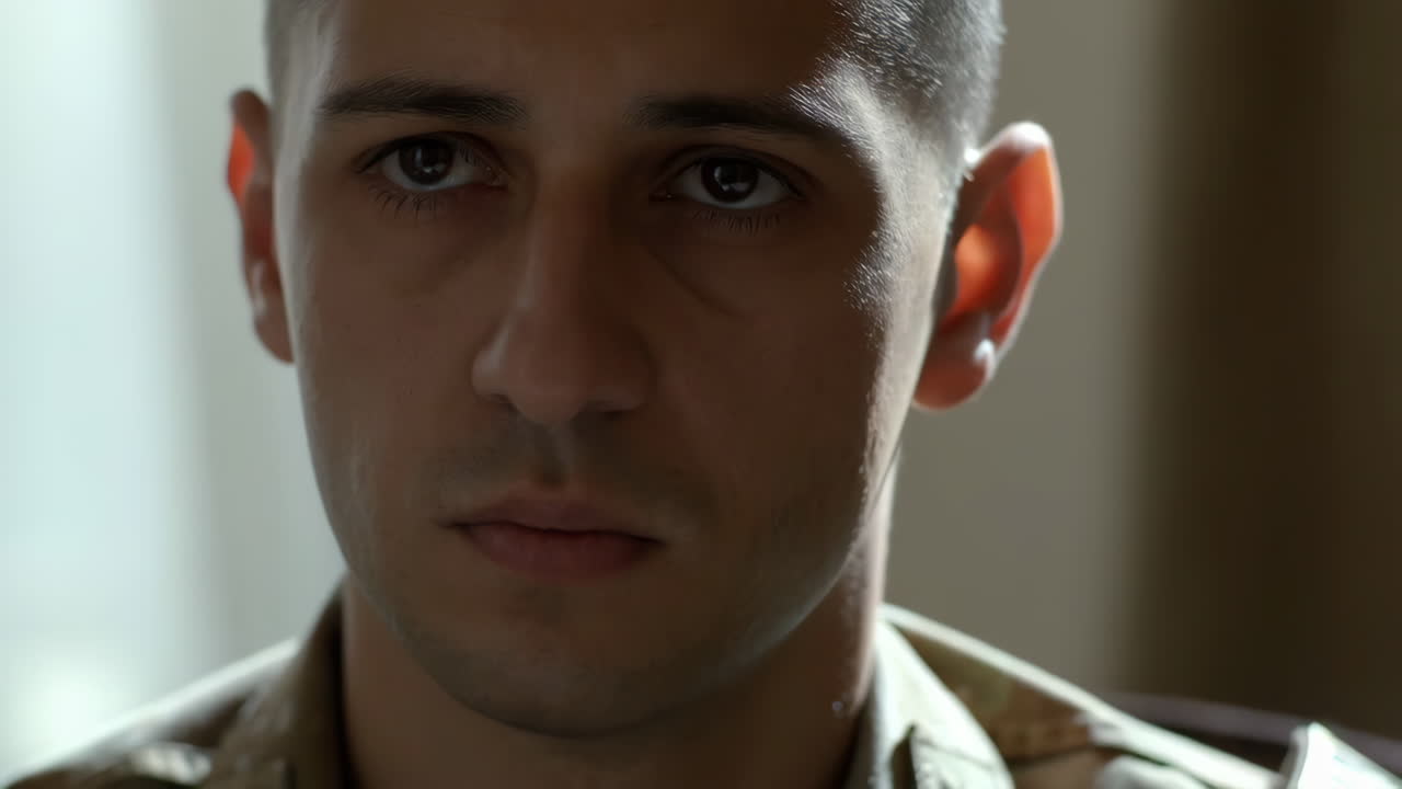 Close-up portrait of a serious young man in uniform
