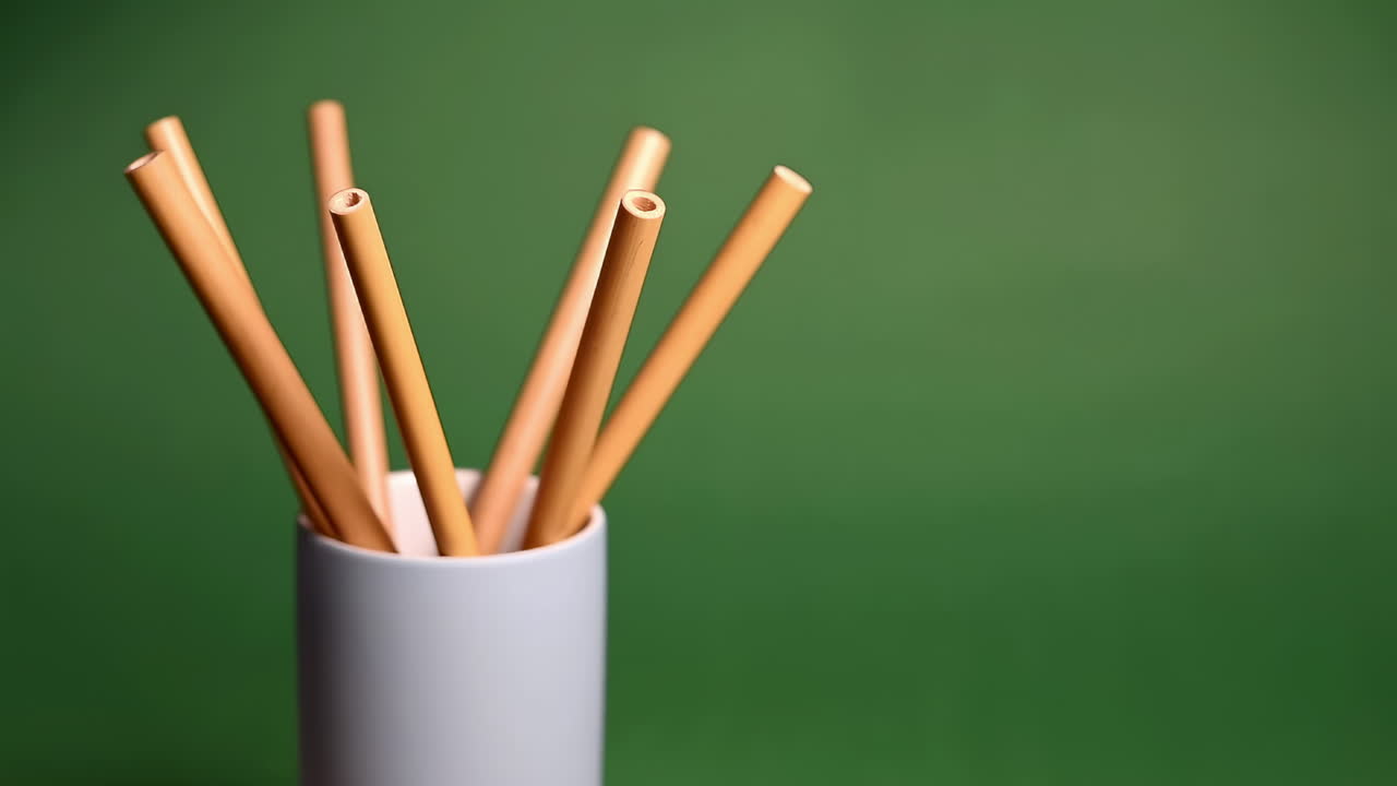 Bamboo straw in a glass demonstrating with a green background