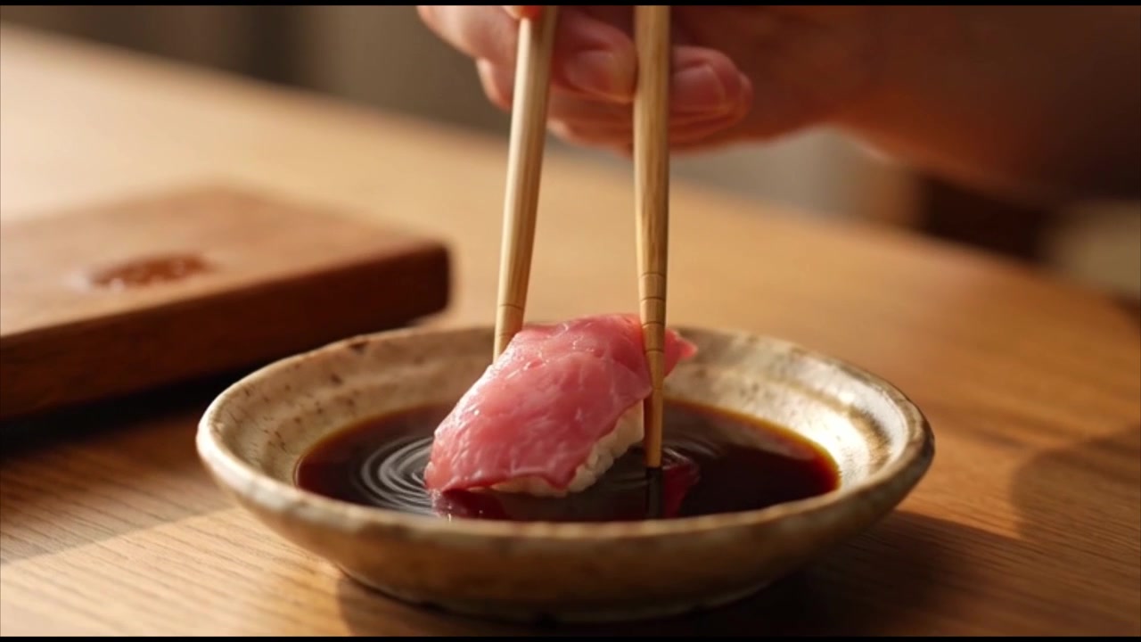 Intingere nigiri di tonno fresco nella salsa di soia