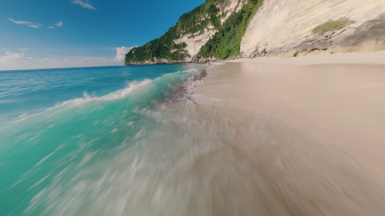 Riprese FPV da drone in volo sopra la spiaggia di Suwehan, Nusa Penida, Bali