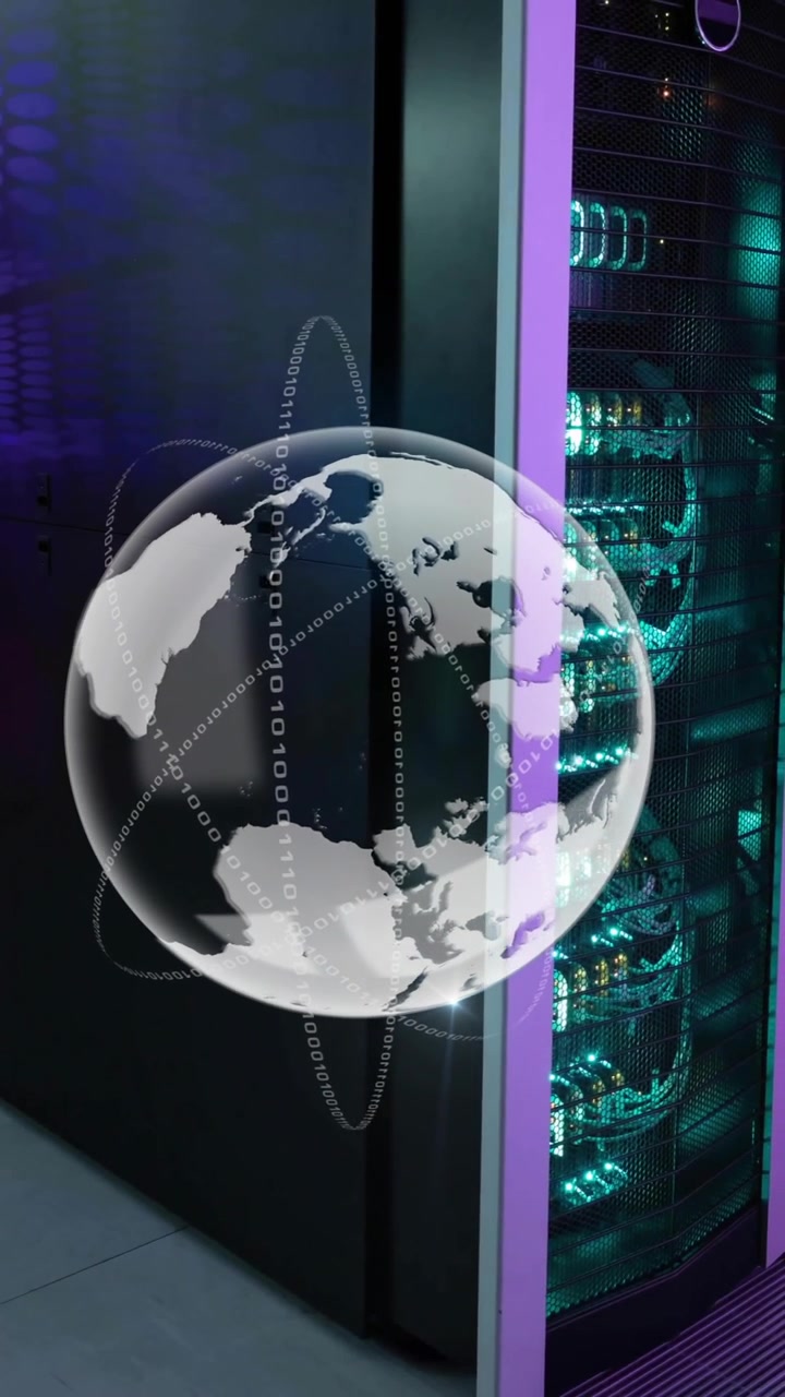 Animation of globe and data processing over computer servers