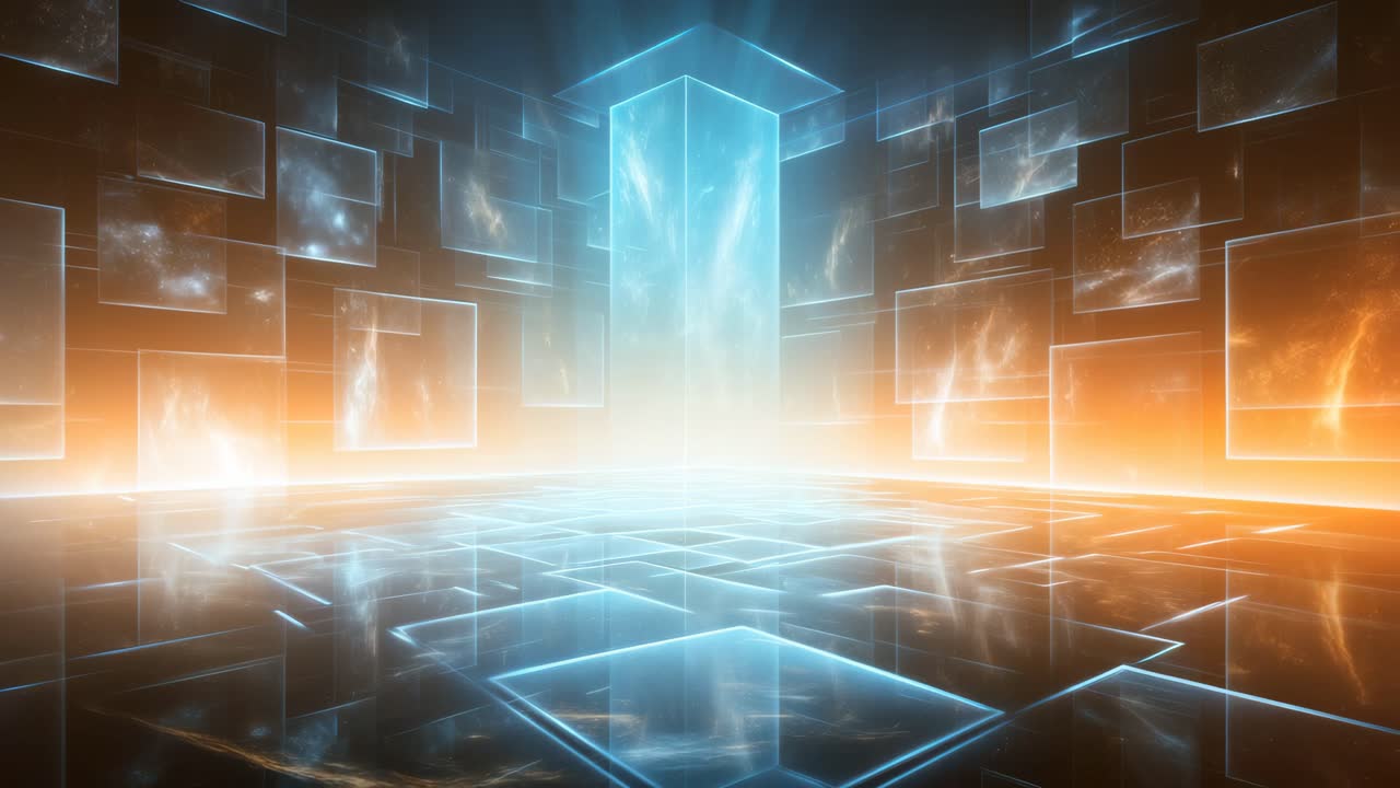 Futuristic digital landscape with glowing grids and rectangles