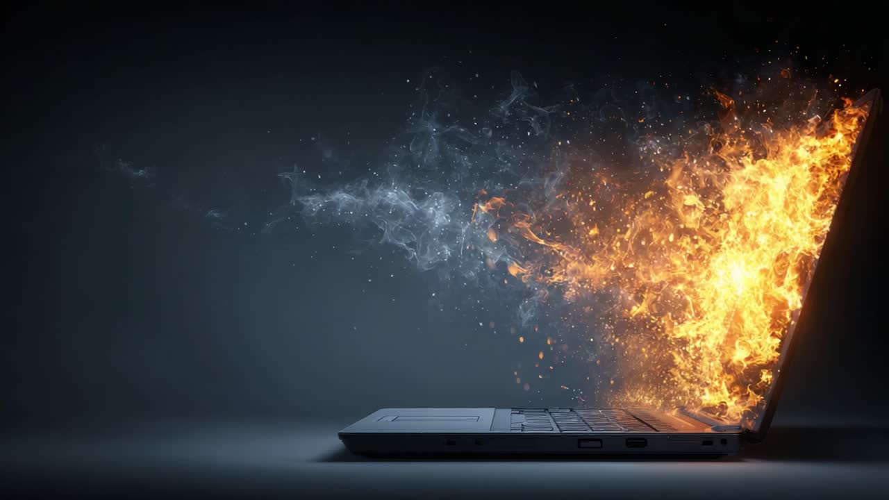En fantastisk visuel repræsentation af kreativitet og teknologi, der viser en bærbar computer, som udsender levende flammer og røg, hvilket symboliserer innovation, energi og dynamisk transformation.