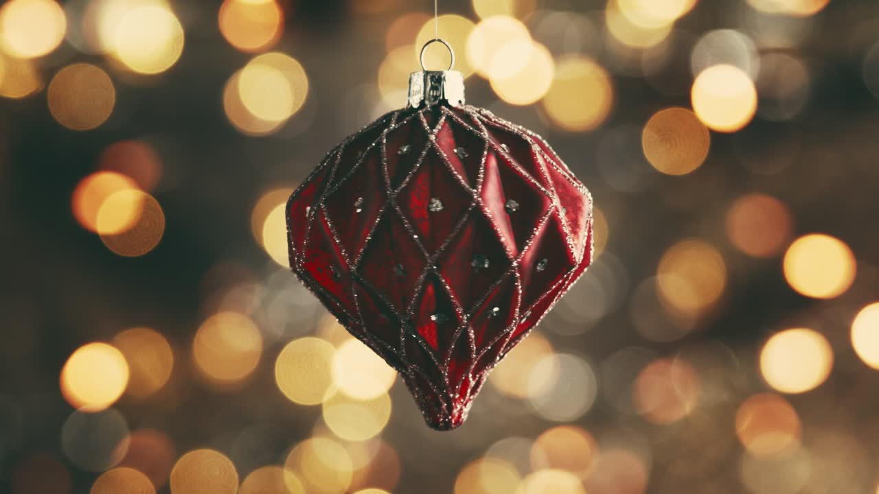Palla di Natale che ruota. Decorazione per albero di Natale in vetro rosso che gira, contro uno sfondo bokeh di luci natalizie serali. Glitter. Loop. Felice Anno Nuovo. Natale