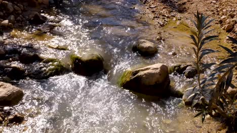 Idyllic-freshwater-stream-during-beautiful-afternoon-sunlight-in-natural,-rocky-and-outdoorsy-environment