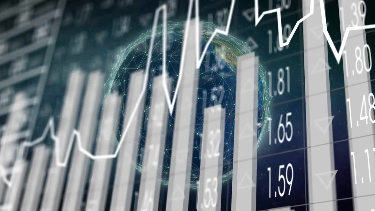 Tickers se mettant à jour, globe en rotation, arcs sarcelle pulsants, ligne balayante et barres montantes, affichant le marché.