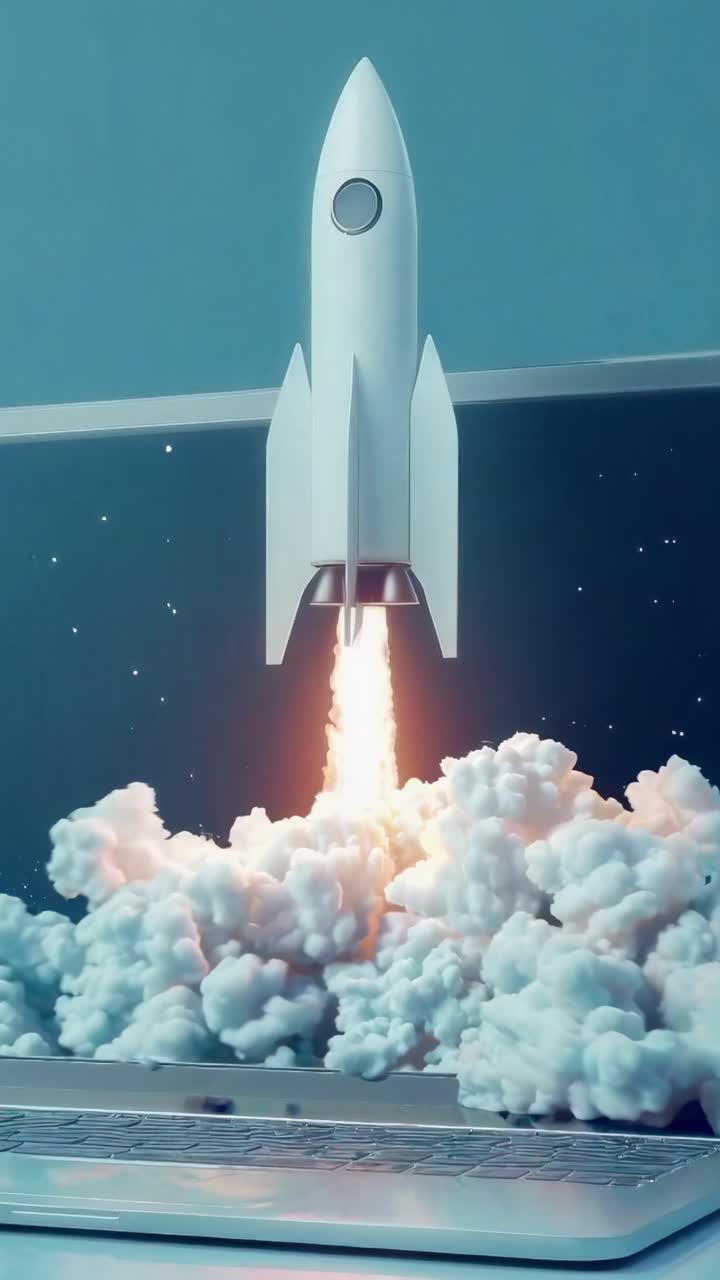 A low-angle shot of a rocket launching from a laptop, symbolizing innovation and technology