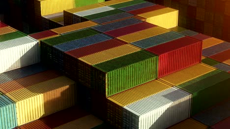 stack of containers in a harbor, shipping at dockyard, logistic import and export, sunset light, seamless infinite loop, isometric close up view