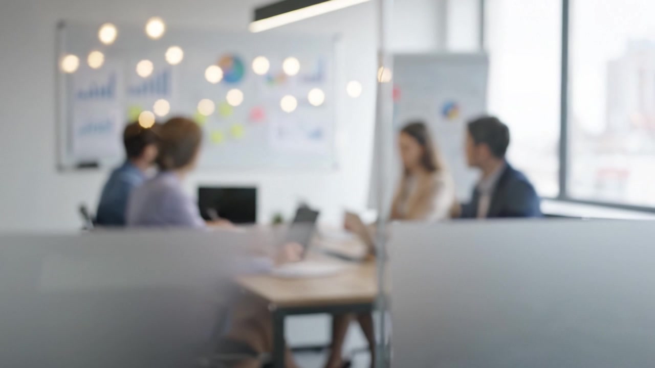 Gruppo di professionisti che collaborano in un moderno spazio ufficio, concentrati su una riunione con brainstorming creativo e presentazione di dati su una lavagna bianca.