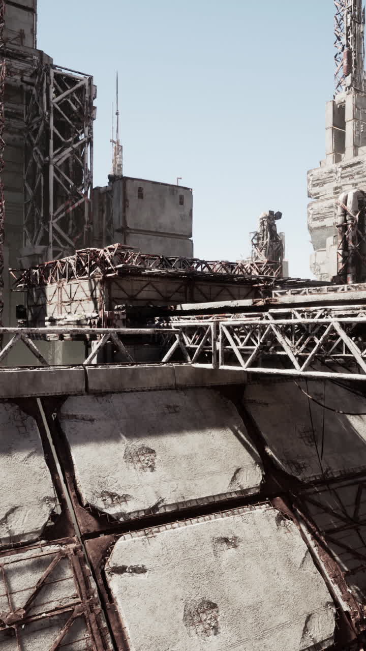 una ciudad futurista y en ruinas con una vista de alto ángulo desde la parte superior de un edificio.