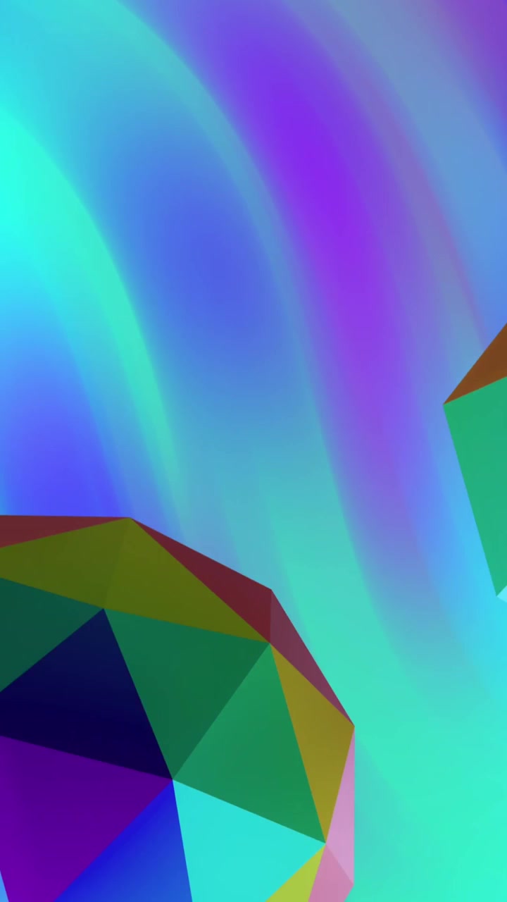 Animação de formas 3D multicoloridas sobre um fundo néon.