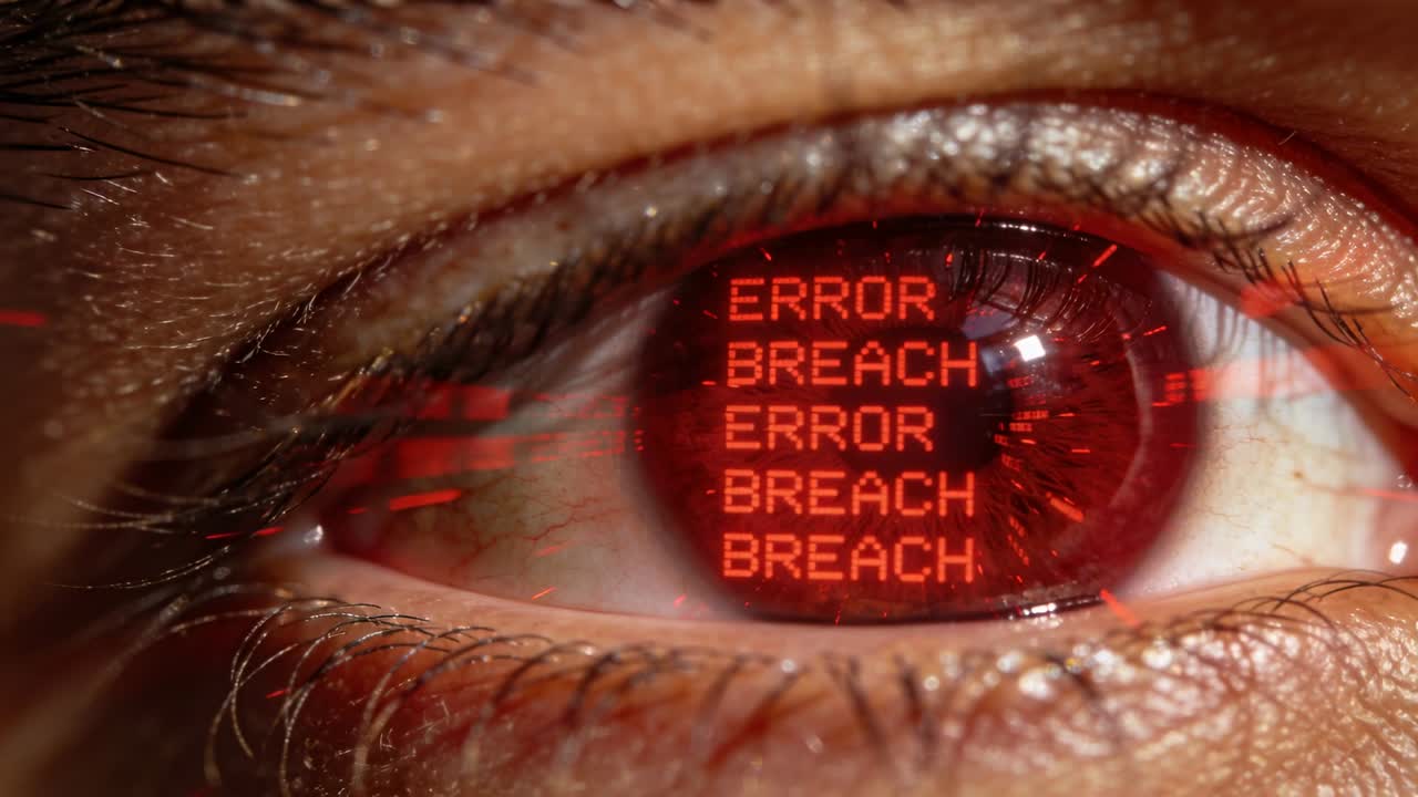 Displaying red HUD alert, single human eye reflecting pulsing ERROR BREACH text in studio close-up