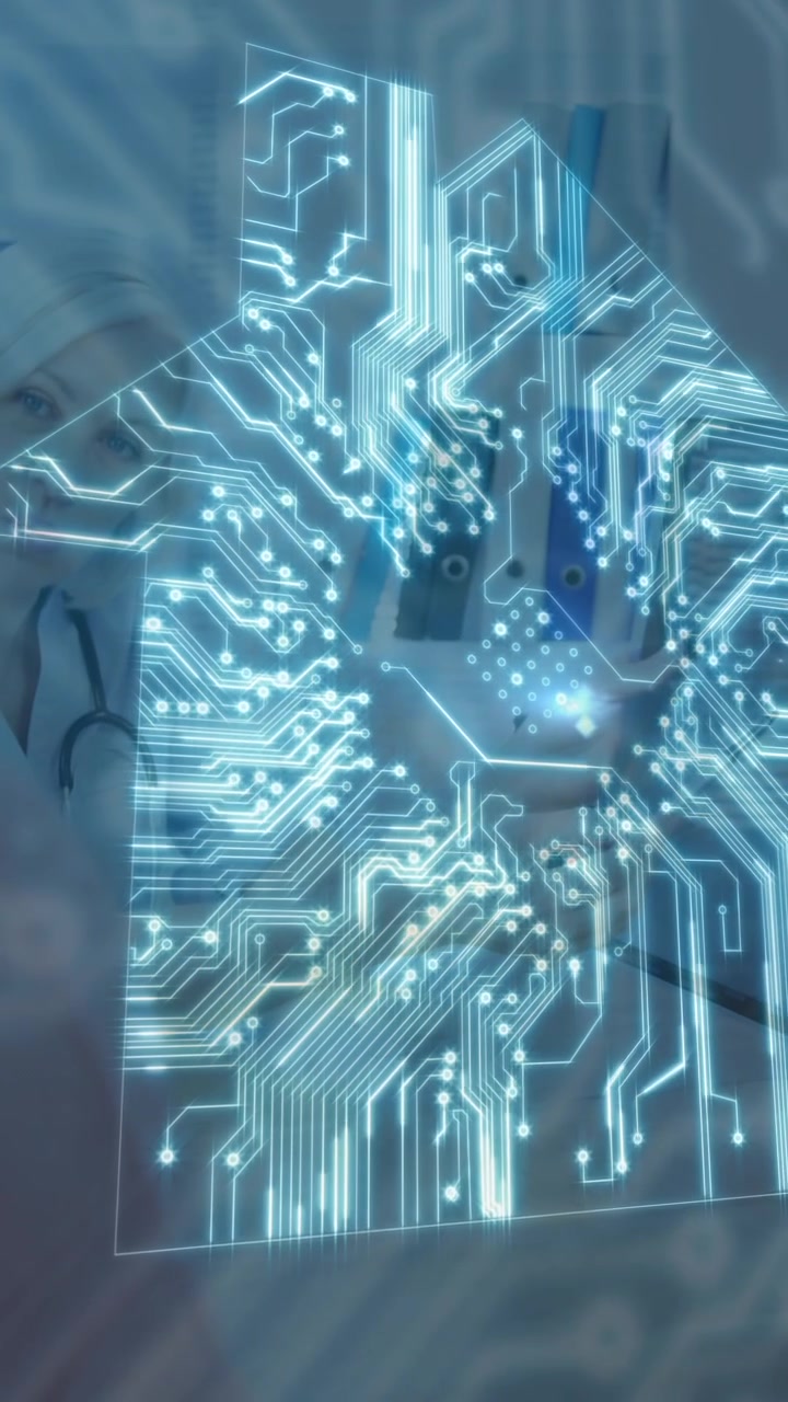 Animation of house with computer circuit board over diverse doctor and patient