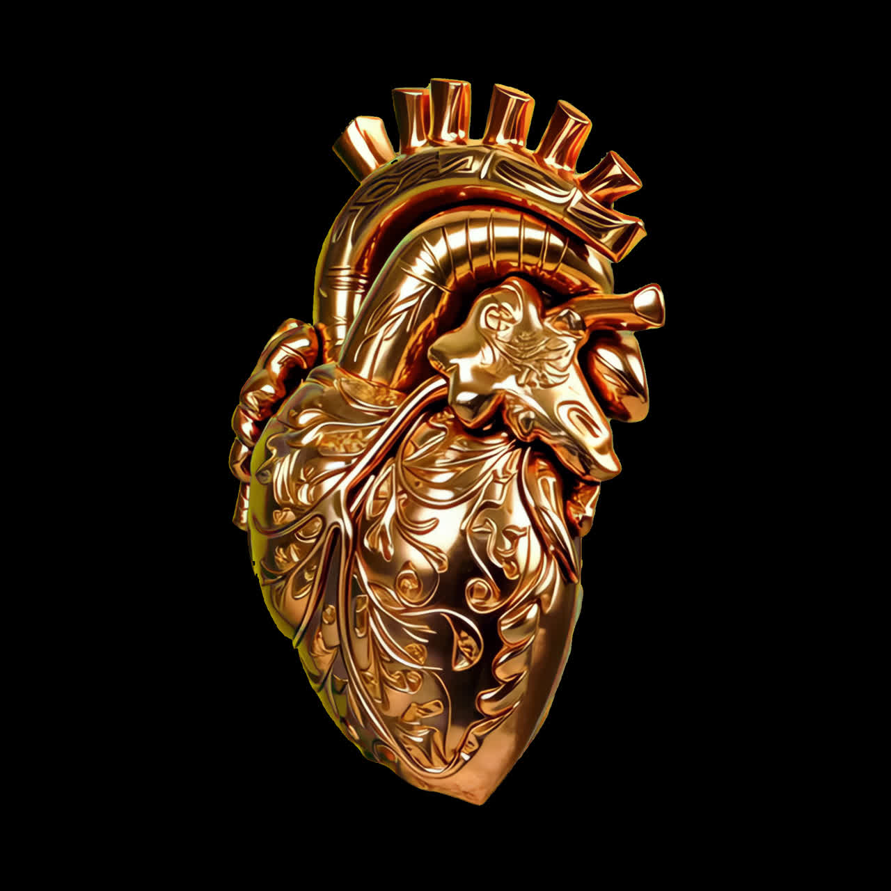 Animazione di una scultura complessa di un cuore dorato, risorsa isolata, video 4K trasparente, canale alfa