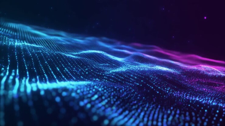 Abstract Digital Wave of Blue and Purple Glowing Particles