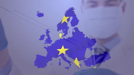 eu map against doctor wearing face mask holding test tube