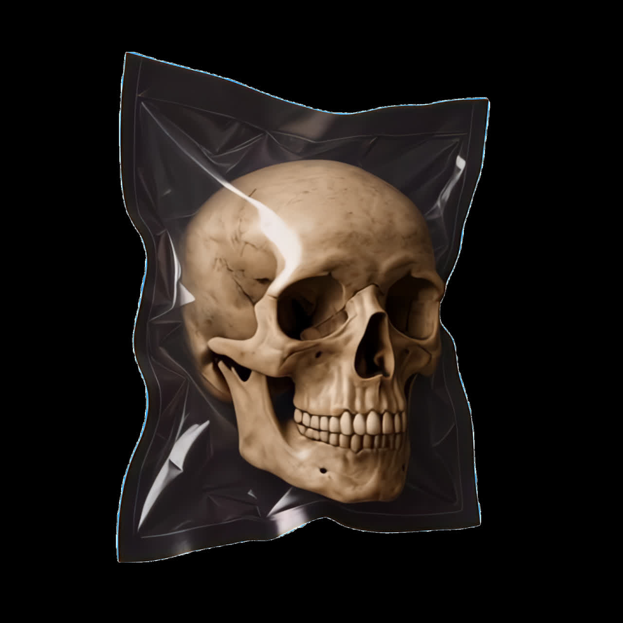 Skull encased in plastic wrap animation isolated asset, transparent 4K video, alpha channel, ProRes