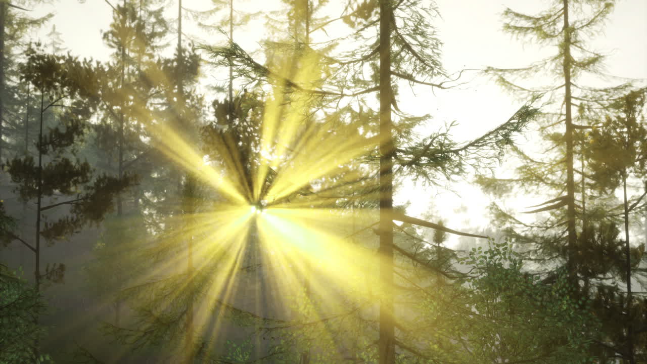 Sonnenlicht scheint durch hohe Bäume in einem friedlichen Wald