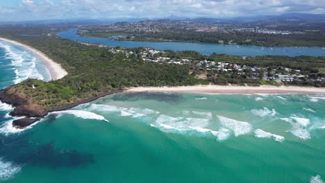 scenic fingal head beach in fingal head, nsw, australia - drone shot