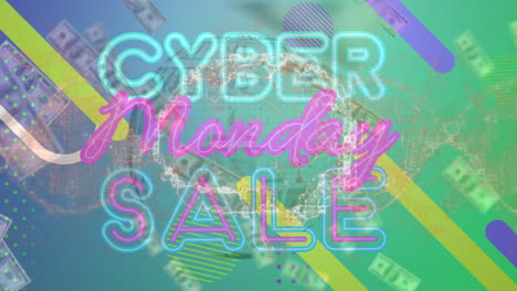 animación billetes de dólar estadounidense globo con texto de ventas de cyber monday en el fondo
