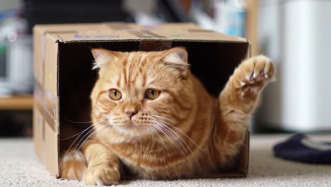 curious ginger cat playing inside a cardboard box, captured in moments of exploration and relaxation, showcasing its playful nature and charming expressions