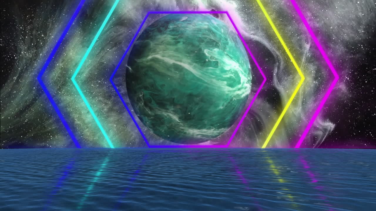 animación de formas coloridas sobre el planeta y el agua en el cielo con estrellas