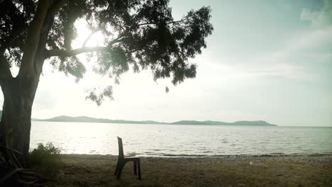 day shot of a chair stands lonely by the lake during sunset waiting for someone to sit on it