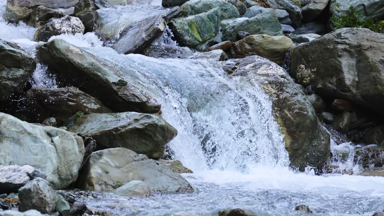Clear mountain stream flows rapidly over large moss-covered rocks in natural daylight, captured with a steady camera for a tranquil, immersive effect