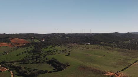 Vista-Panorámica-De-Llanuras-Siempre-Verdes-Con-Turbinas-Eólicas-Al-Fondo-En-Portugal