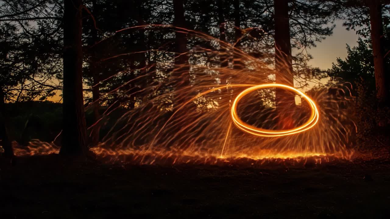 Captivating Display of Sparkling Fireworks in a Forest at Dusk, Showcasing Dynamic Light Trails and Beautiful Sunset in the Background