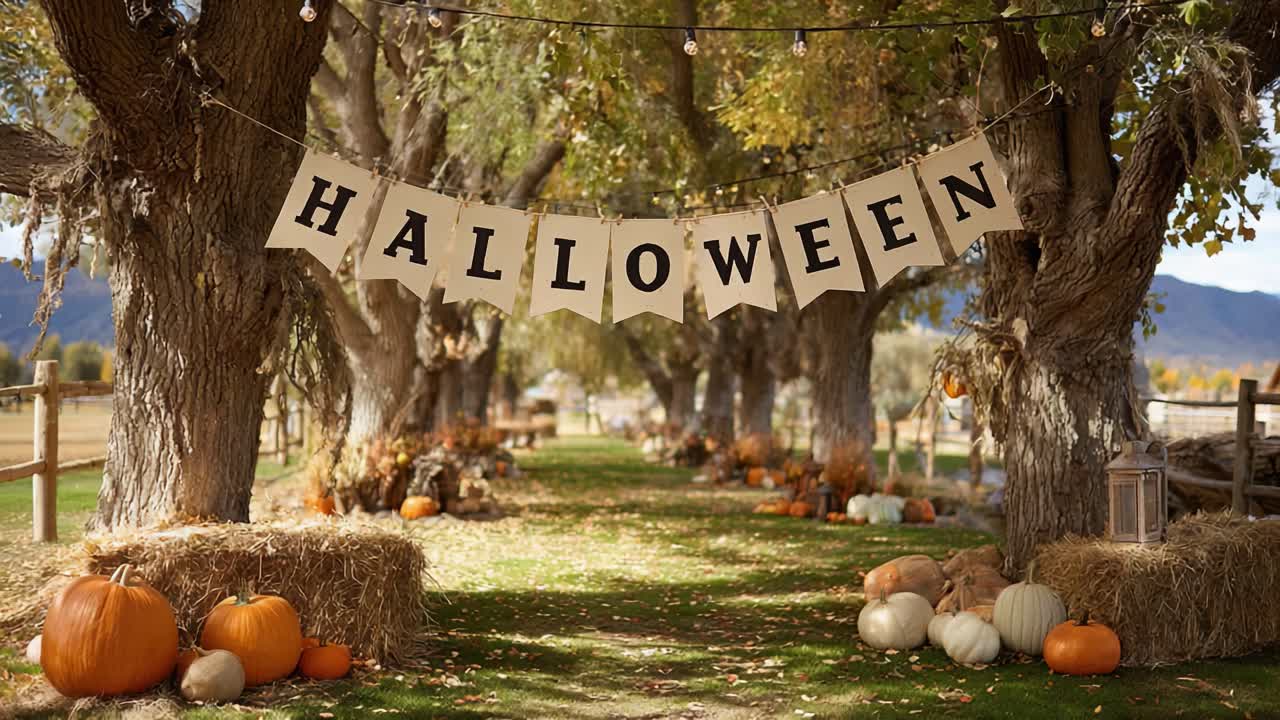 Rustic outdoor scene with a Halloween banner hanging between trees at a farm. The grassy path is decorated with hay bales, string lights, and a variety of colorful pumpkins for an autumn festival