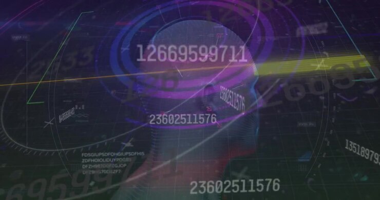 Animation of digital screen with data processing, numbers, glitch and human head model