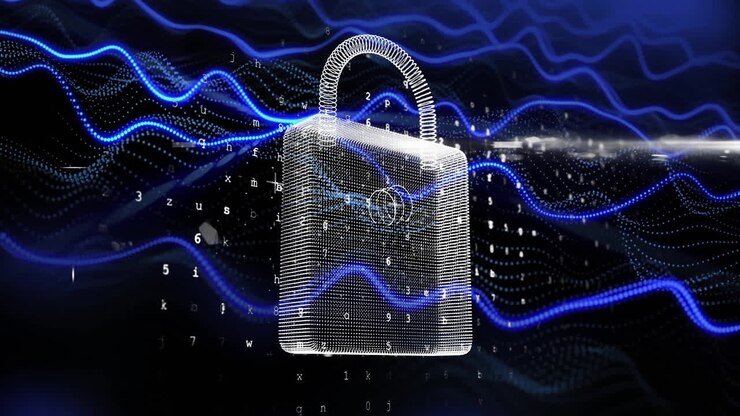 Glowing 3D wireframe padlock floating in cyberspace, weaving data waves and symbol streams