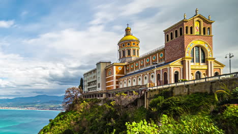 Basilica-Sanctuary-Of-Black-Madonna-On-Hilltop-By-The-Marinello-Lake-In-Tindari,-Italy