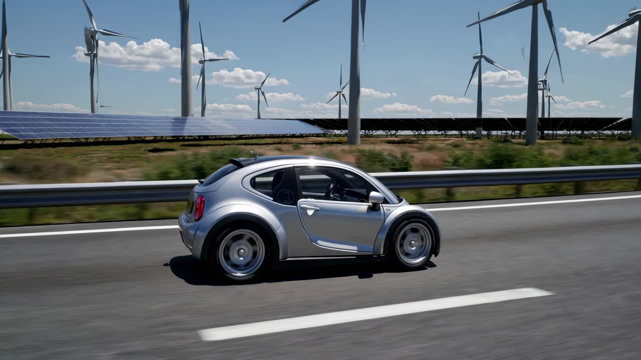 A sleek silver car drives past wind turbines on a highway. Side angle captures motion and energy